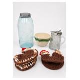 Ball Jar, Glass Pitcher, Bowl & Crochet Baskets