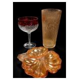 3-Piece Marigold Carnival Glass Dish Vase