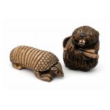 Signed Pottery Armadillo & Beaver Figurines, Pair