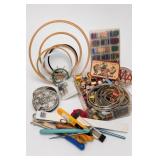Sewing Supplies Lot: Needle Book, Thread & Hoops