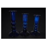 3 Hand Blown Cobalt Blue Bubble Candlesticks