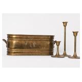 Vintage Brass Planter & Three Candlesticks