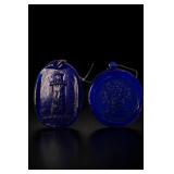 Pair Cobalt Blue Glass Lighthouse & Tree Ornaments