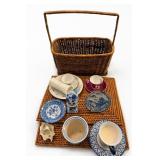 Blue & White Tableware & Wicker Basket Group