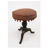 Antique Carved Wood Floral Upholstered Piano Stool
