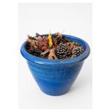 Blue Planter With Pinecones & Autumn Decor