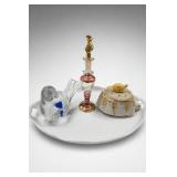 Glass Decorative Tray Set With Bottle & Figures