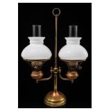 Brass Double Arm Student Lamp, Milk Glass Shades