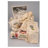 Embroidered Linens, Cloth Doll & Pattern Lot