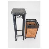 Wrought Iron Side Table and Wicker Basket Stand
