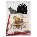 Old Dutch Spoon Rest, Rooster Trivet & Textile
