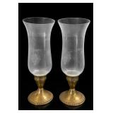 Pair Brass Frosted Glass Hurricane Candle Holders