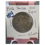 1942 British India George VI One Rupee, Silver