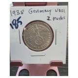 1938 Germany 2 Reichsmark Hindenburg, Silver
