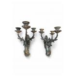 Pair Rococo-Style 3-Light Brass Wall Sconces