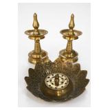 Brass Candlesticks & Incense Holder Set