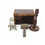Primitive Wooden Chest, Mallet & Candlestick Set