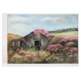 Cottage Landscape Painting With Pink Blossoms