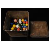 Vintage Glass Marble Collection In Metal Tin