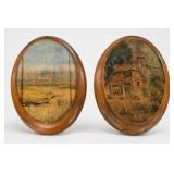 Pair of Oval Wood-Framed Rural Scene Plaques