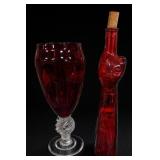 Red Glass Vase And Cat-Shaped Bottle Pair