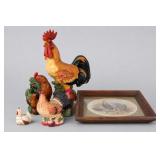 Rooster & Chicken Figurines With Framed Print