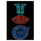 Three-Piece Colored Glass Lot, Vase & Dishes