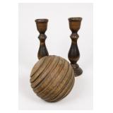 Wooden Candlestick Pair & Ribbed Sphere