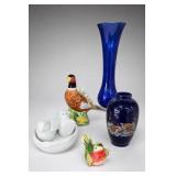 Blue Vases & Decorative Bird Figurines Set