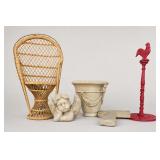 Wicker Hanging Chair, Urn, Cherub & Decor Lot