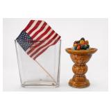 Patriotic Flag In Glass Vase & Wooden Bowl