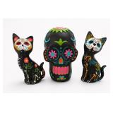Day Of The Dead Cat & Skull Figurine Set