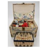 Floral Sewing Box & Wicker Basket With Supplies