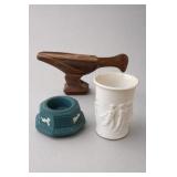 Hand-Carved Wood Bird Sculpture & 2 Vases