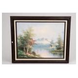 Signed Mountain Lake Oil Painting