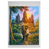 Signed Angkor Temple Elephant Painting 20 x 30 In