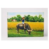 Unsigned Carabao Harvest Landscape Painting