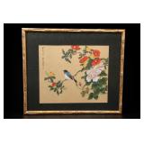 Asian Bird & Flowers Watercolor On Silk, Framed