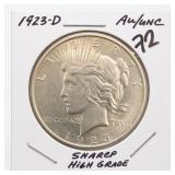 1923-D Peace Dollar, AU/UNC, Silver