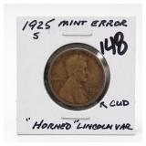 1925-S Lincoln Wheat Cent, R Cud, Horned Var