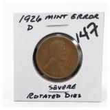 1926 Lincoln Wheat Cent, Severe Rotated Dies