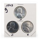 3 1943 Lincoln Wheat Cents, D & S