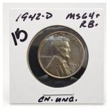 1942-D Lincoln Wheat Cent, MS64+ RB