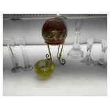 GLASS CANDLE STICKS  BUD VASES BOWL  ART ON STAND