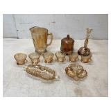 11 Iridescent Amber Glass Tableware Pieces