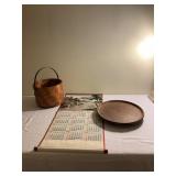 Woven Wood Basket, Wooden Tray, and 1966 Calendar