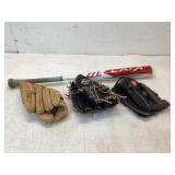 Baseball Bat and Three Gloves