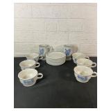 Stoneware Cups, Saucers, and Creamer Set with Blue Stoneware Cups, Saucers, and Creamer Set with Blue