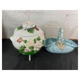 Flower-Adorned Ceramic Jar and Blue Basket Flower-Adorned Ceramic Jar and Blue Basket