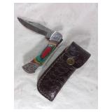 Damascus Folding Knife with Leather Sheath